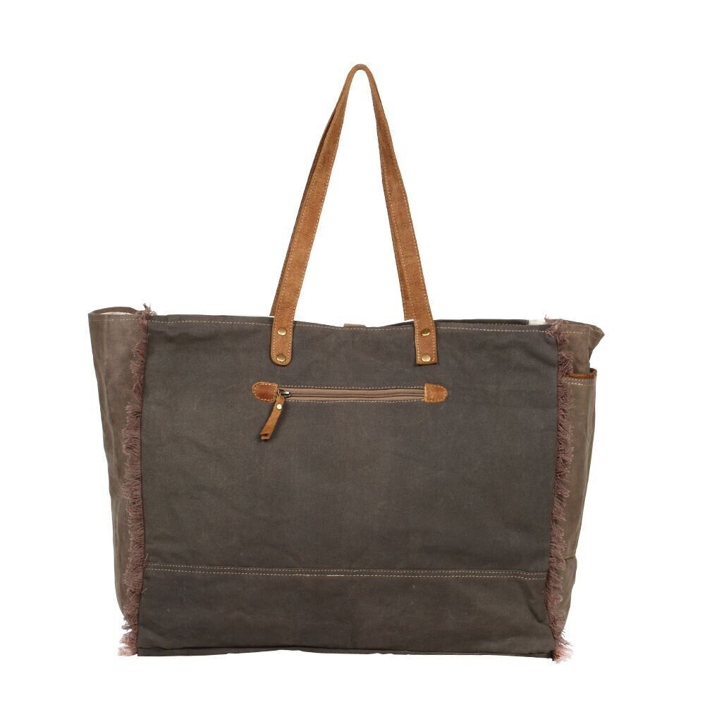 Myra Bag Handmade Partisan Weekender Bag Upcycled Canvas & Cowhide Leather - Picture 11 of 12